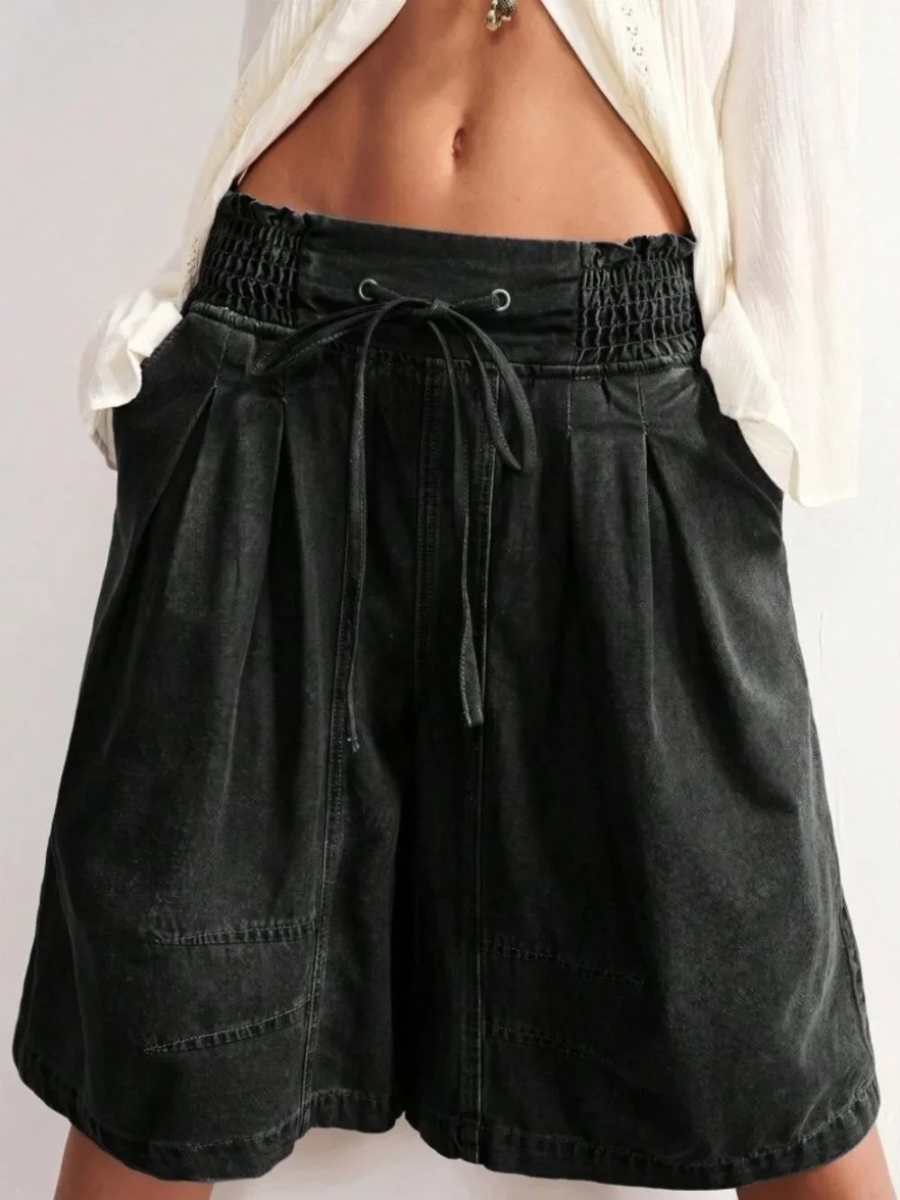 Black Denim Bermuda Shorts - Smocked Waist Drawstring